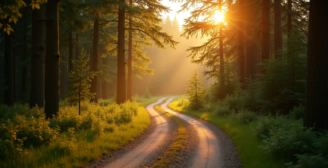 Visualisierung eines langfristigen Vitalitätsplans mit Meilensteinen und Zielen in Form eines langen Waldweges.