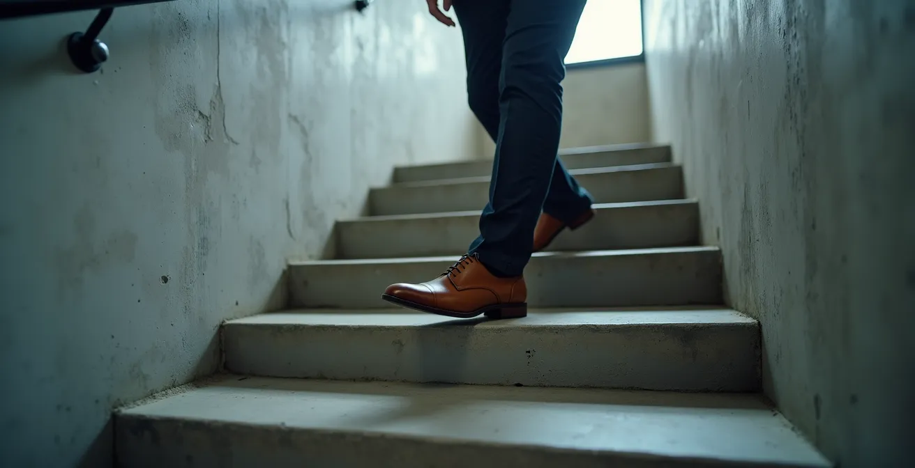 Geschäftsmann nimmt die Treppe statt des Aufzugs in deutschem Bürogebäude