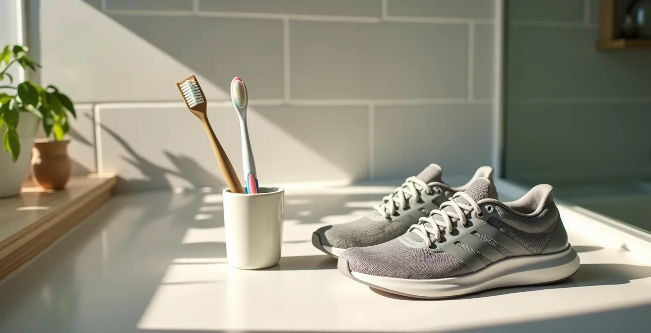 Zahnbürste neben Sportschuhen als Symbol für gekoppelte Gewohnheiten