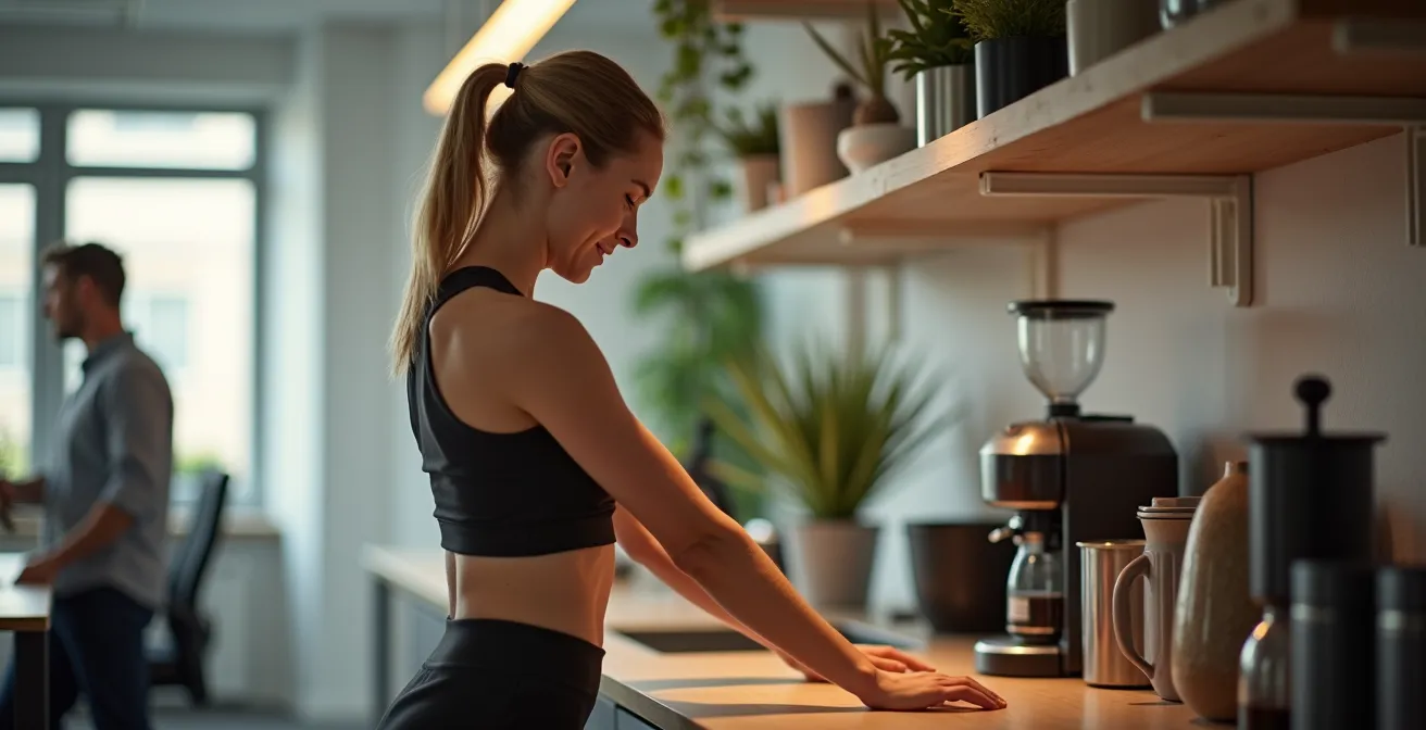 Büroarbeiter macht diskrete funktionelle Übung während der Arbeitspause