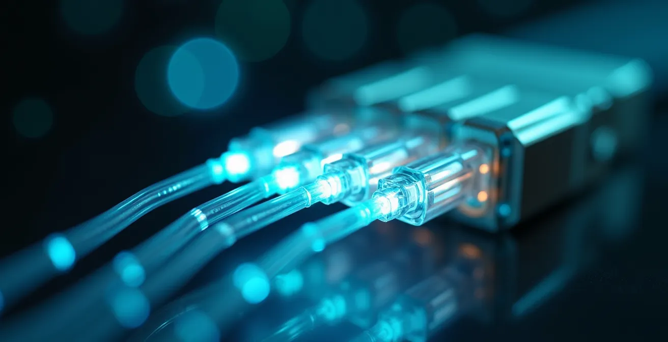 Makroaufnahme von vernetzten Glasfaserkabeln mit Lichtimpulsen, die Datenströme symbolisieren