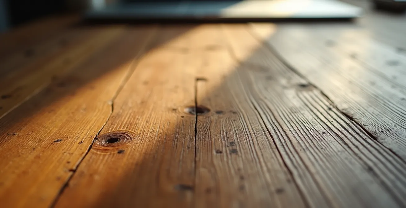 Symbolische Darstellung der drei versteckten Vitalitätskiller im Berufsalltag durch eine abgenutzte Holzoberfläche.