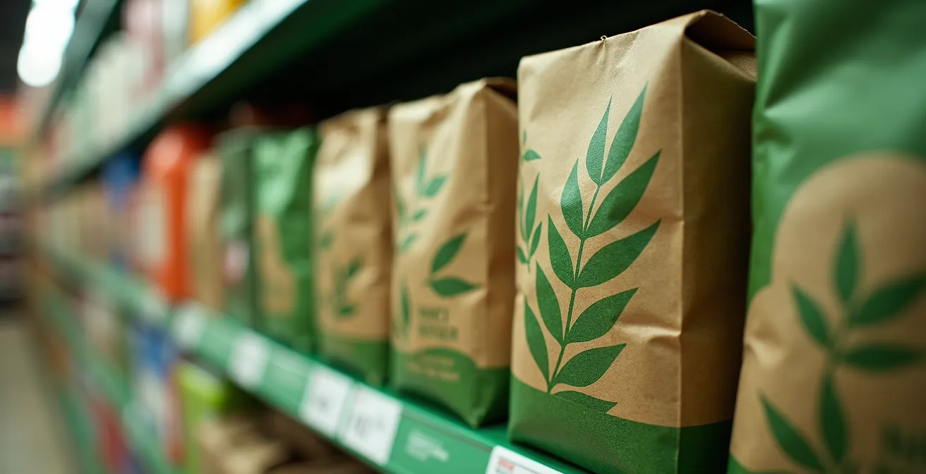 Nahaufnahme von Supermarktprodukten mit täuschenden Öko-Versprechen und grünen Verpackungen