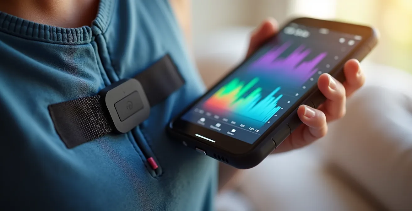 Sportler misst seine Herzfrequenzvariabilität mit Smartphone und Brustgurt