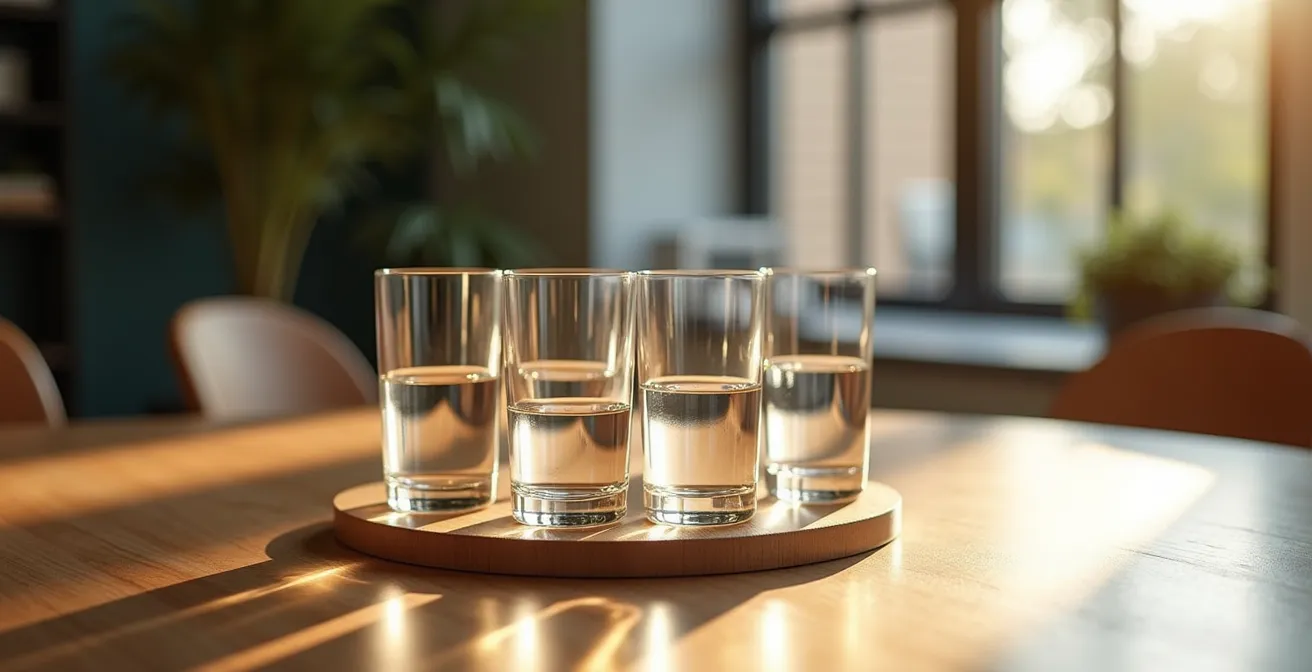 Tagesplaner mit markierten Trinkzeiten und verschiedenen Getränkeoptionen zur strategischen Hydratation im Büro.