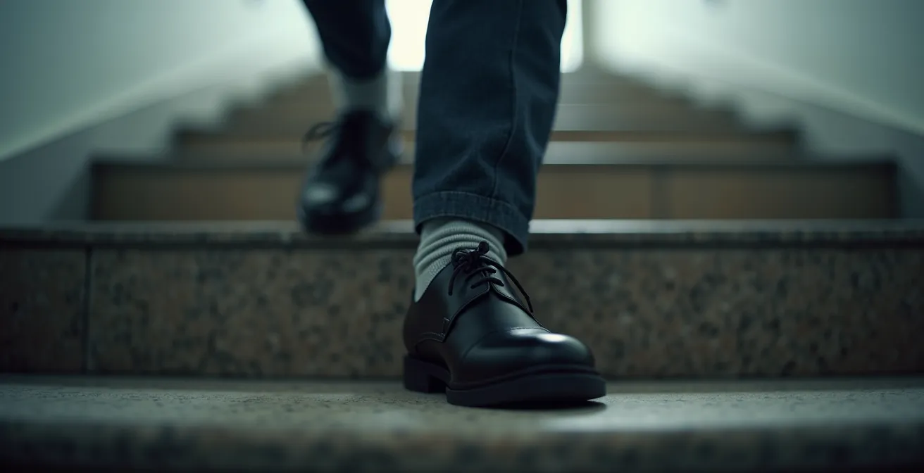Nahaufnahme von Füßen auf Treppenstufen im Bürogebäude
