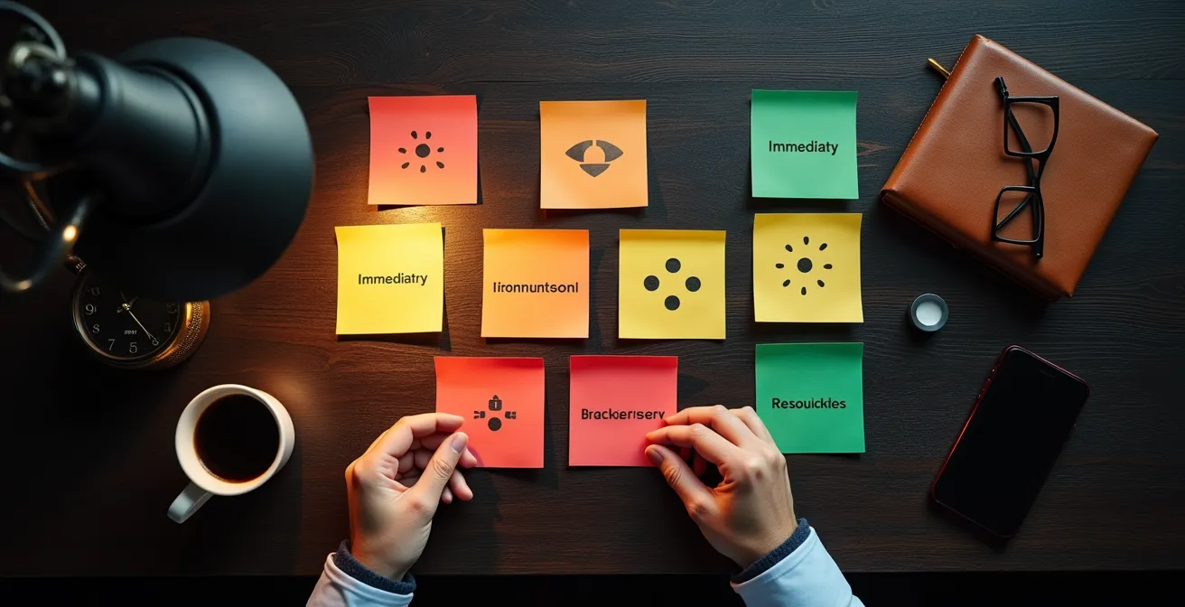 Strukturiertes Krisen-Dashboard mit Notfallkontakten und Checklisten auf einem Schreibtisch