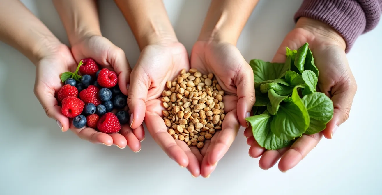Symbolische Darstellung verschiedener Lebensphasen, gezeigt durch Hände unterschiedlicher Generationen, die jeweils passende Lebensmittel halten
