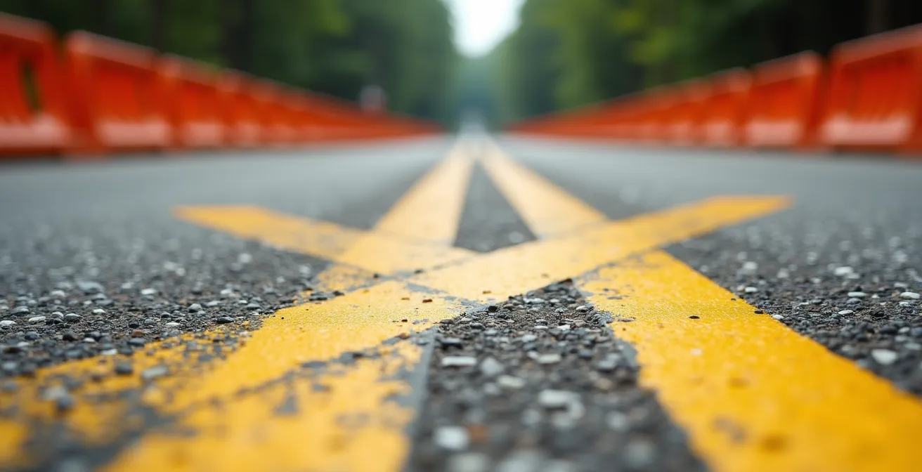 Baustellensituation auf Autobahn mit überlappenden gelben und weißen Fahrbahnmarkierungen