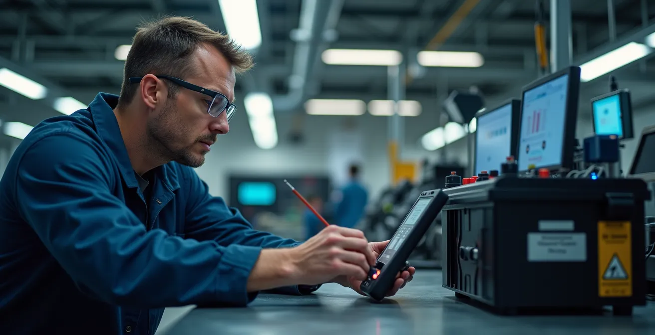 Techniker prüft Kühlsystem einer E-Auto-Batterie in Werkstatt