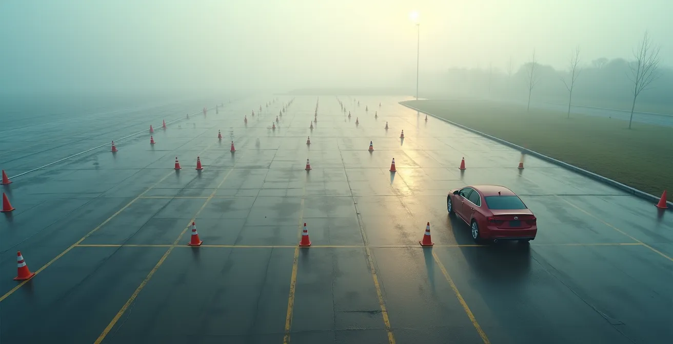 Fahrer übt Assistenzsysteme auf leerem Übungsplatz mit Pylonen