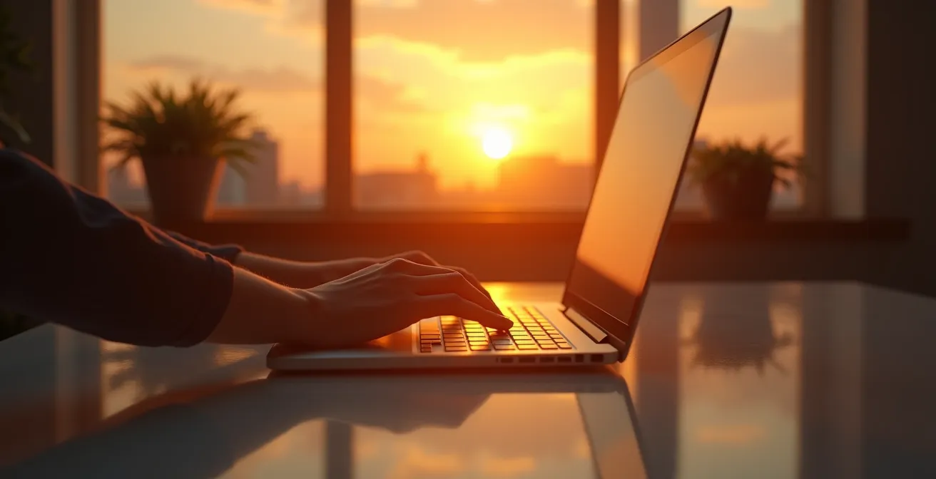 Büroarbeitsplatz bei Sonnenuntergang während eines achtsamen Feierabend-Rituals, der Laptop ist geschlossen