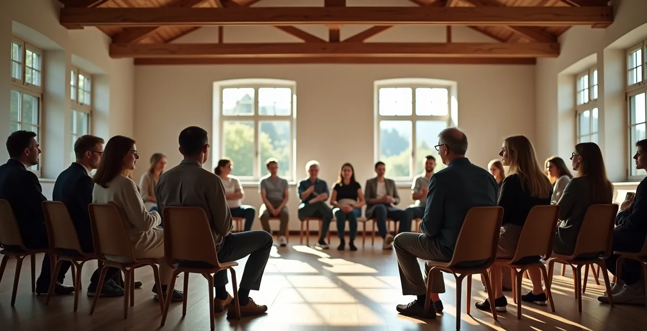 Lokale Gemeinschaft bei einem partizipativen Workshop in einem traditionellen deutschen Gemeindezentrum