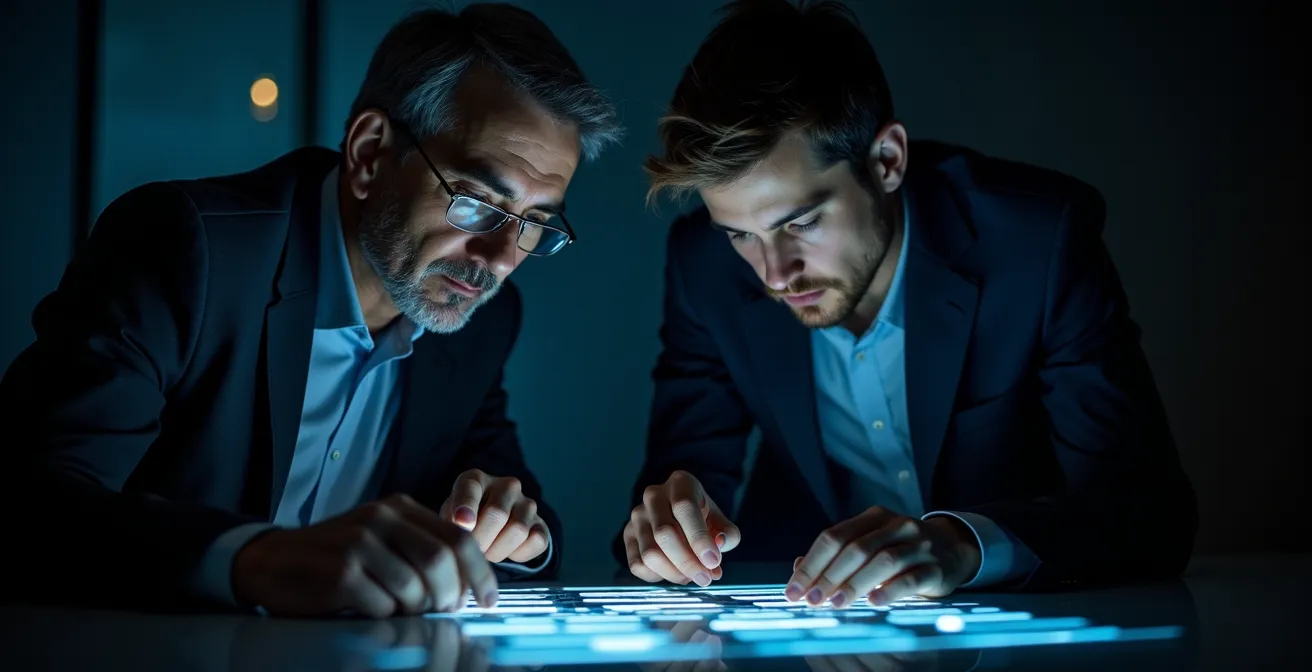 Zwei Geschäftsführer analysieren gemeinsam Datenvisualisierungen auf großem Bildschirm