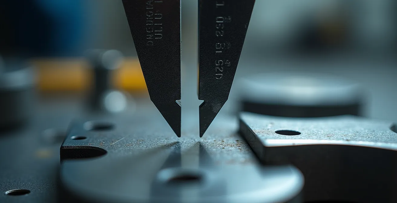 Makroaufnahme eines Präzisionsmessgeräts, das eine kritische Schwelle anzeigt, als Metapher für Warnsignale bei der Transformation von Automobilzulieferern.