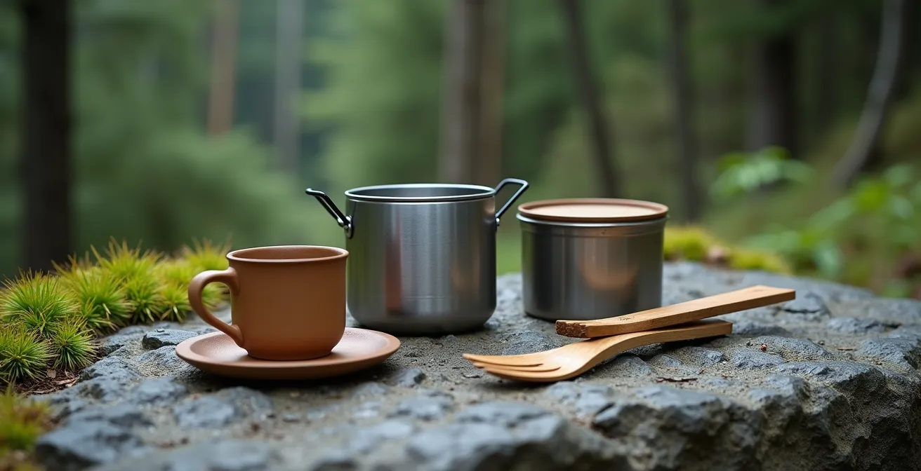 Minimalistisches Camping-Setup auf festem Untergrund mit umweltfreundlicher Ausrüstung