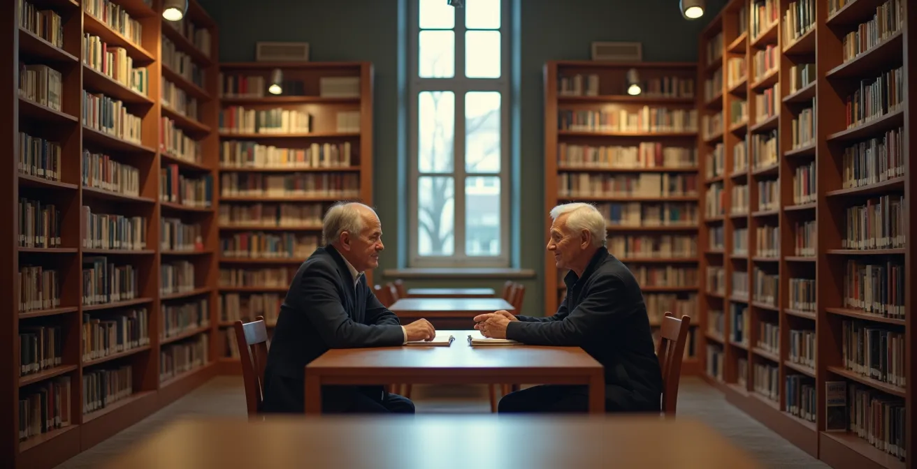 Reisender in einer deutschen Stadtbibliothek im Gespräch mit Einheimischen