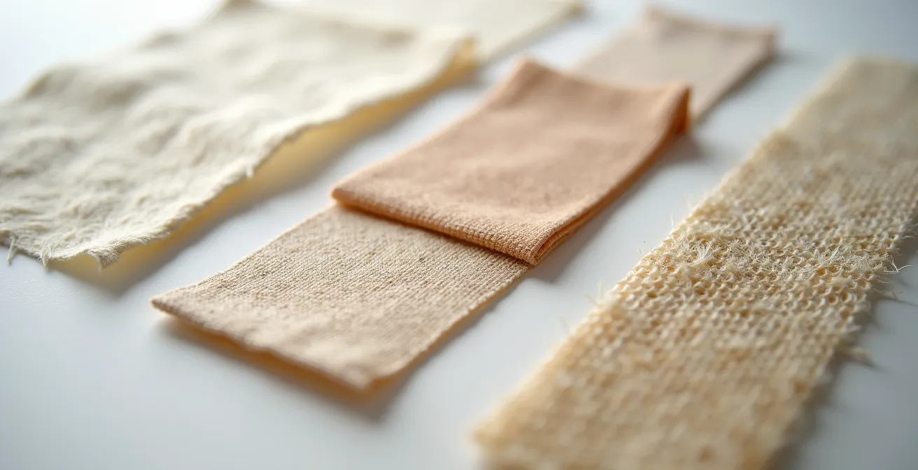 Detaillierte Nahaufnahme verschiedener Textilproben mit Qualitätsprüfung