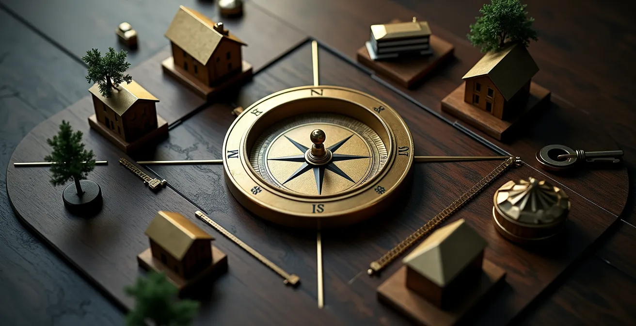 Visuelle Darstellung einer Mikrostandort-Scorecard mit Bewertungskriterien wie Infrastruktur, Demografie und Entwicklungspotenzial.