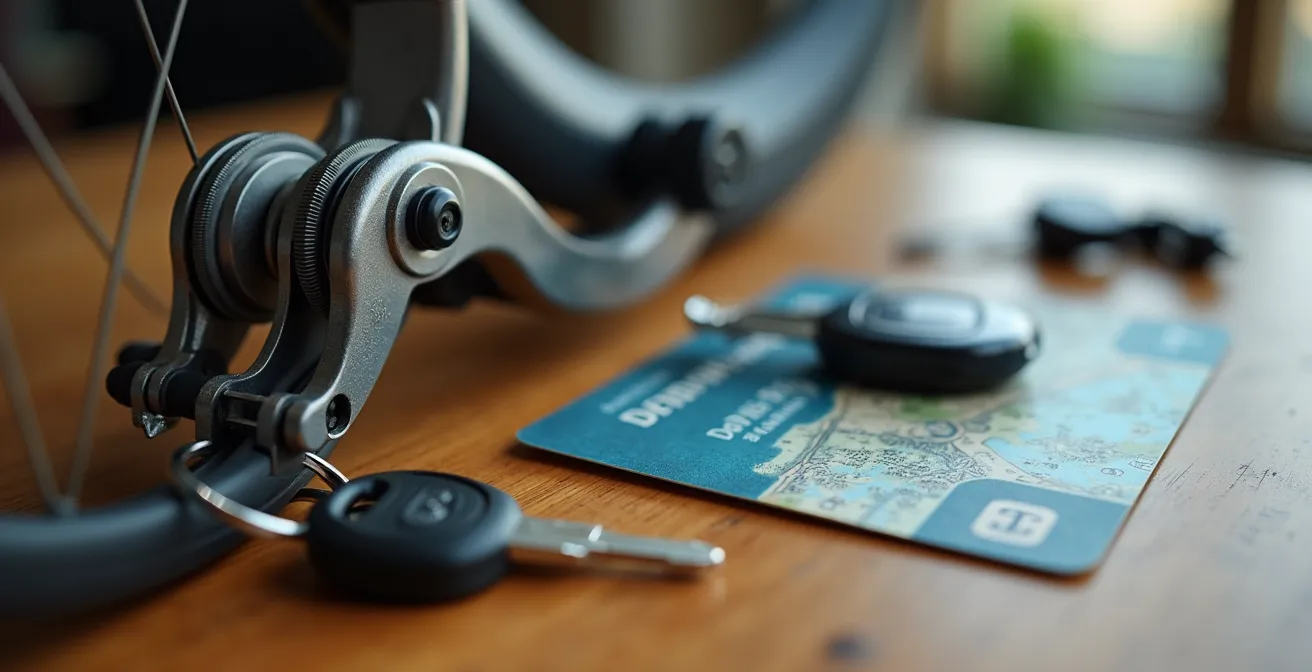 Detailaufnahme verschiedener Verkehrsmitteloptionen für Pendler: Ein gefaltetes Fahrrad, eine Fahrkarte und ein Autoschlüssel.