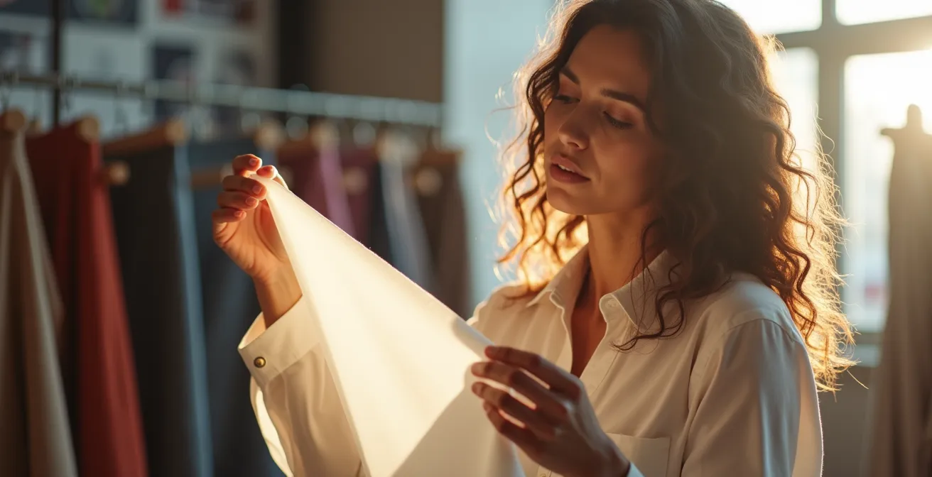 Professioneller Modeeinkäufer bei der Stoffauswahl auf einer deutschen Fachmesse