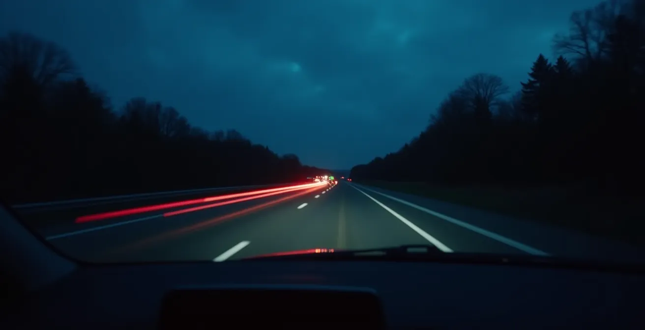 Weitwinkelaufnahme einer nächtlichen Autobahnszene mit verschwommenen Lichtspuren