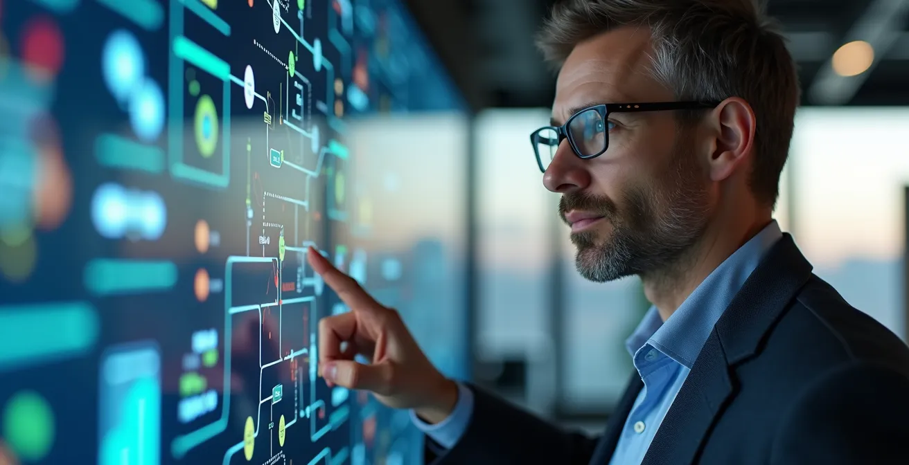 Mitarbeiter konfiguriert No-Code-KI-Tool mit Drag-and-Drop-Interface