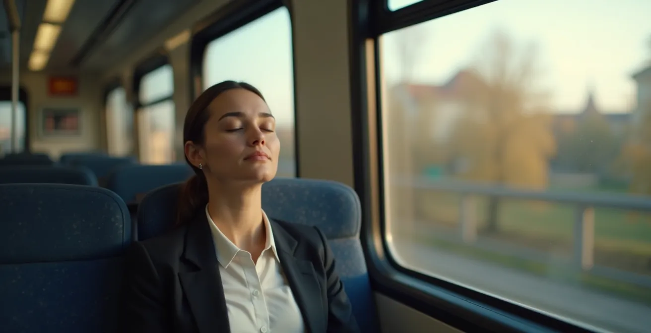 Geschäftsperson praktiziert achtsame Meditation während der S-Bahn-Fahrt in einer deutschen S-Bahn