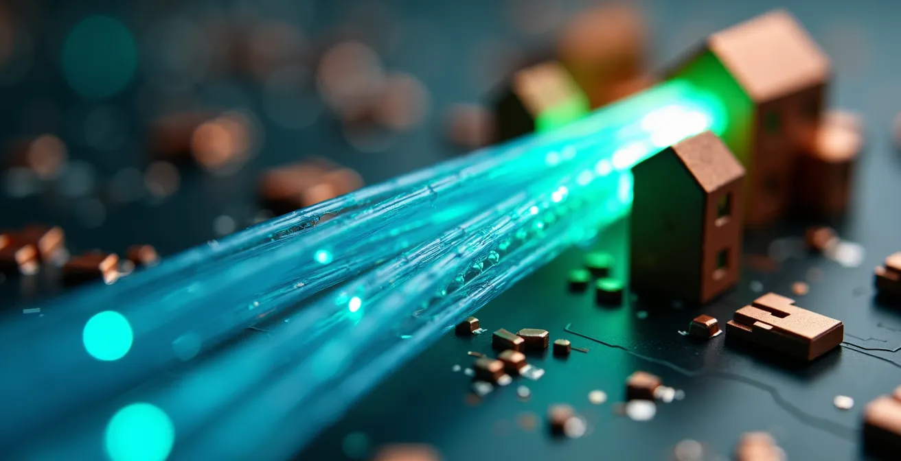 Makroaufnahme von Glasfaserkabeln als Symbol für die digitale Transformation des Immobilienmarktes und deren Einfluss auf den Standortwert.