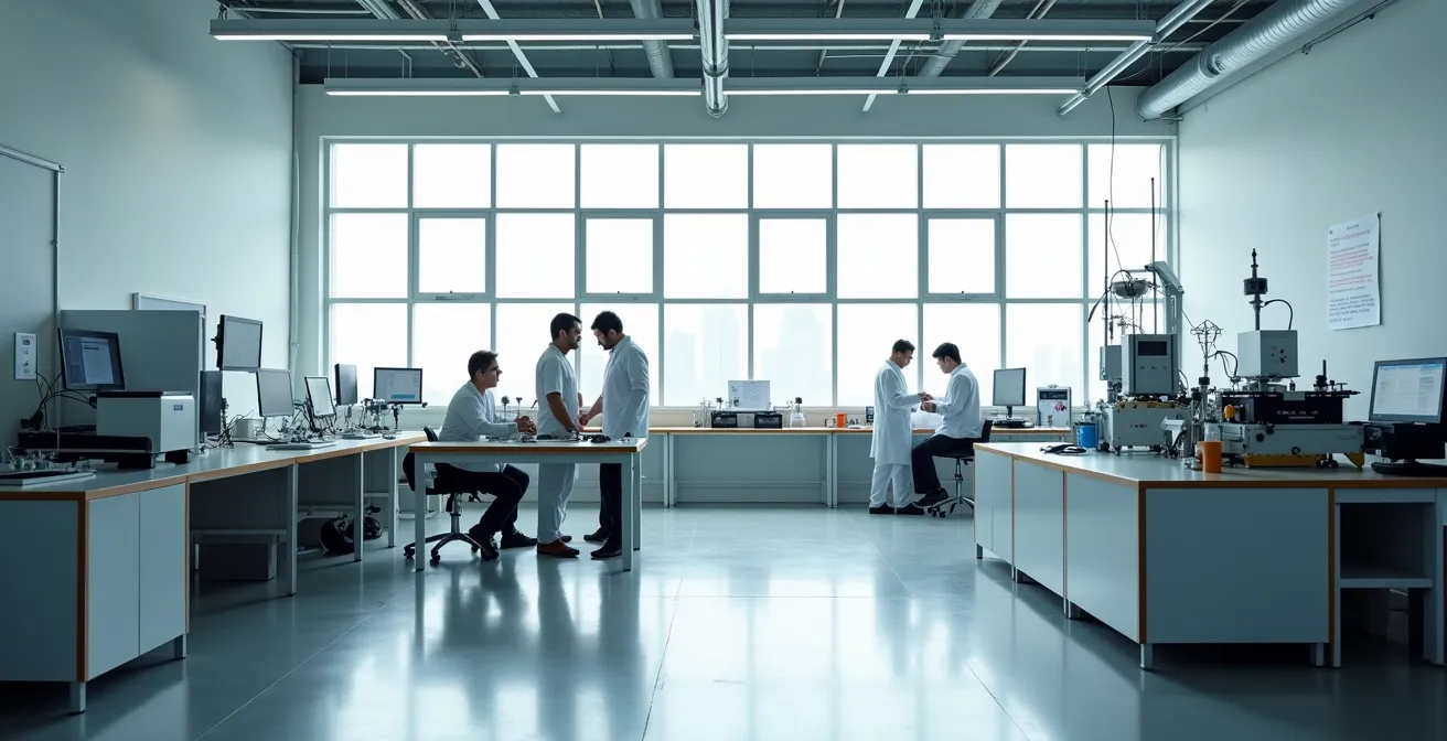 Visualisierung des Kompetenztransfers von traditioneller zu neuer Technologie in einer modernen Forschungs- und Entwicklungseinrichtung eines Automobilzulieferers.