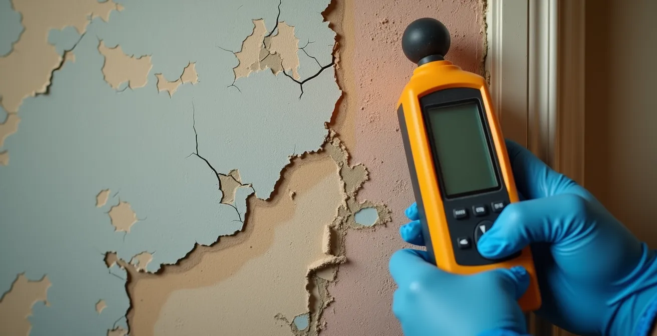 Baugutachter untersucht versteckte Mängel in einer Immobilie mit Spezialwerkzeugen