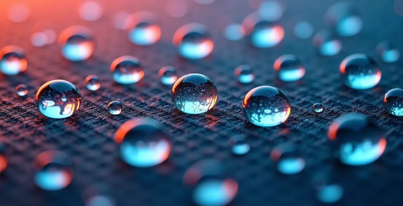 Makroaufnahme von perfekt abperlenden Wassertropfen auf einem imprägnierten Funktionsstoff.