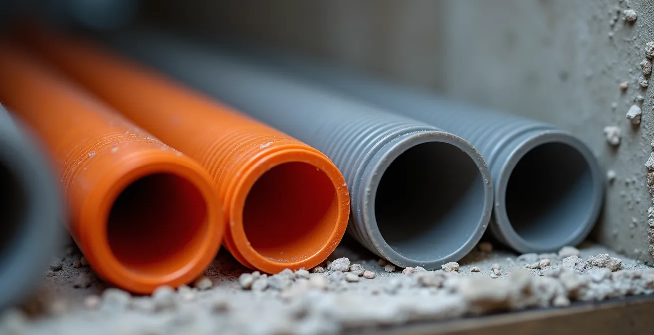 Makroaufnahme von Leerrohrverlegung für zukünftige Wallbox-Kabelführung